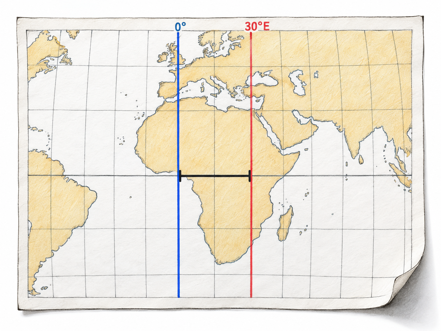 A physical regional geographic chart shows longitude as a measured eastward interval from the prime meridian to the 30°E meridian.