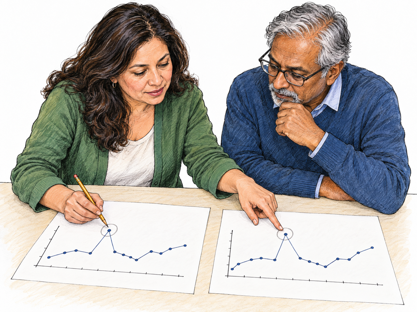 An analyst compares two data plots and highlights a matching anomaly, presenting the evidence to a colleague.