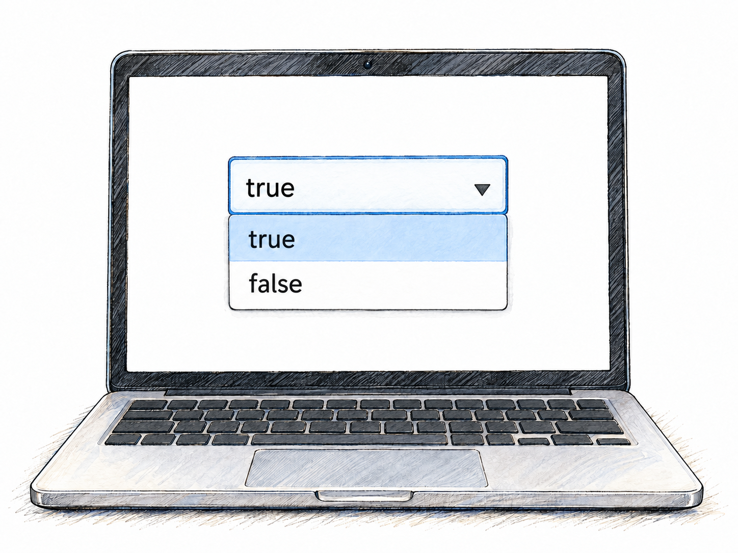 A close-up of a computer interface with one Boolean-value selector expanded, revealing exactly two available values: true and false.