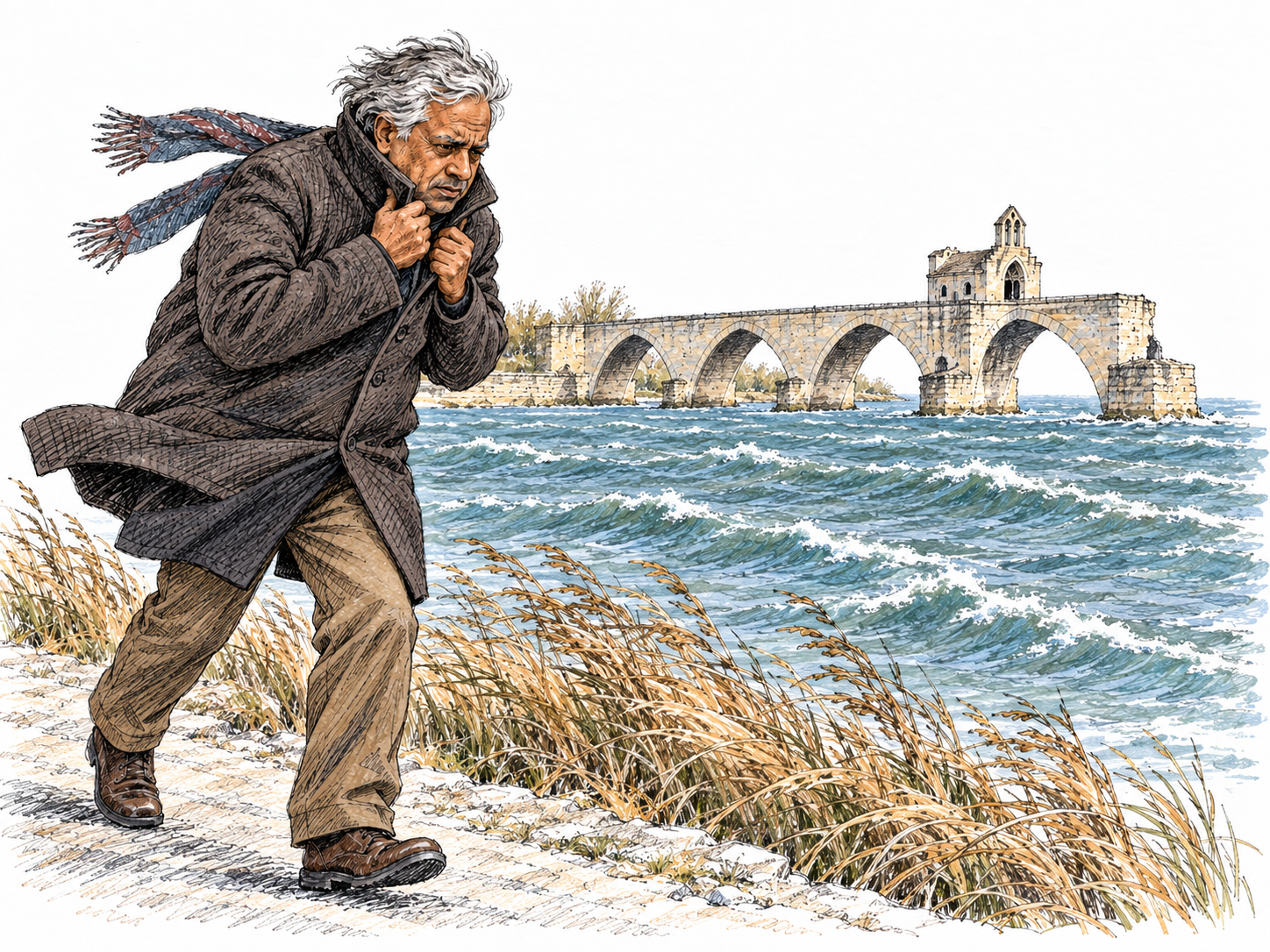 A bundled pedestrian braces against a fierce wind beside the Rhône in Avignon; the recognizable incomplete medieval bridge anchors the southern French setting, while wind-whipped clothing, bent vegetation and rough water communicate the cold, forceful wind.