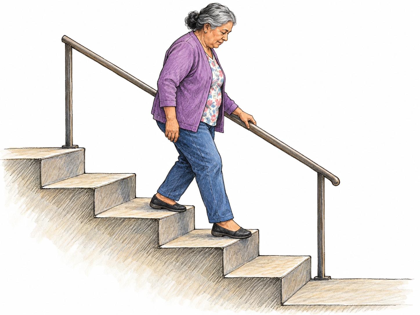 An older woman walks down a short flight of stairs, clearly oriented toward the lower landing, with her leading foot reaching a lower tread.