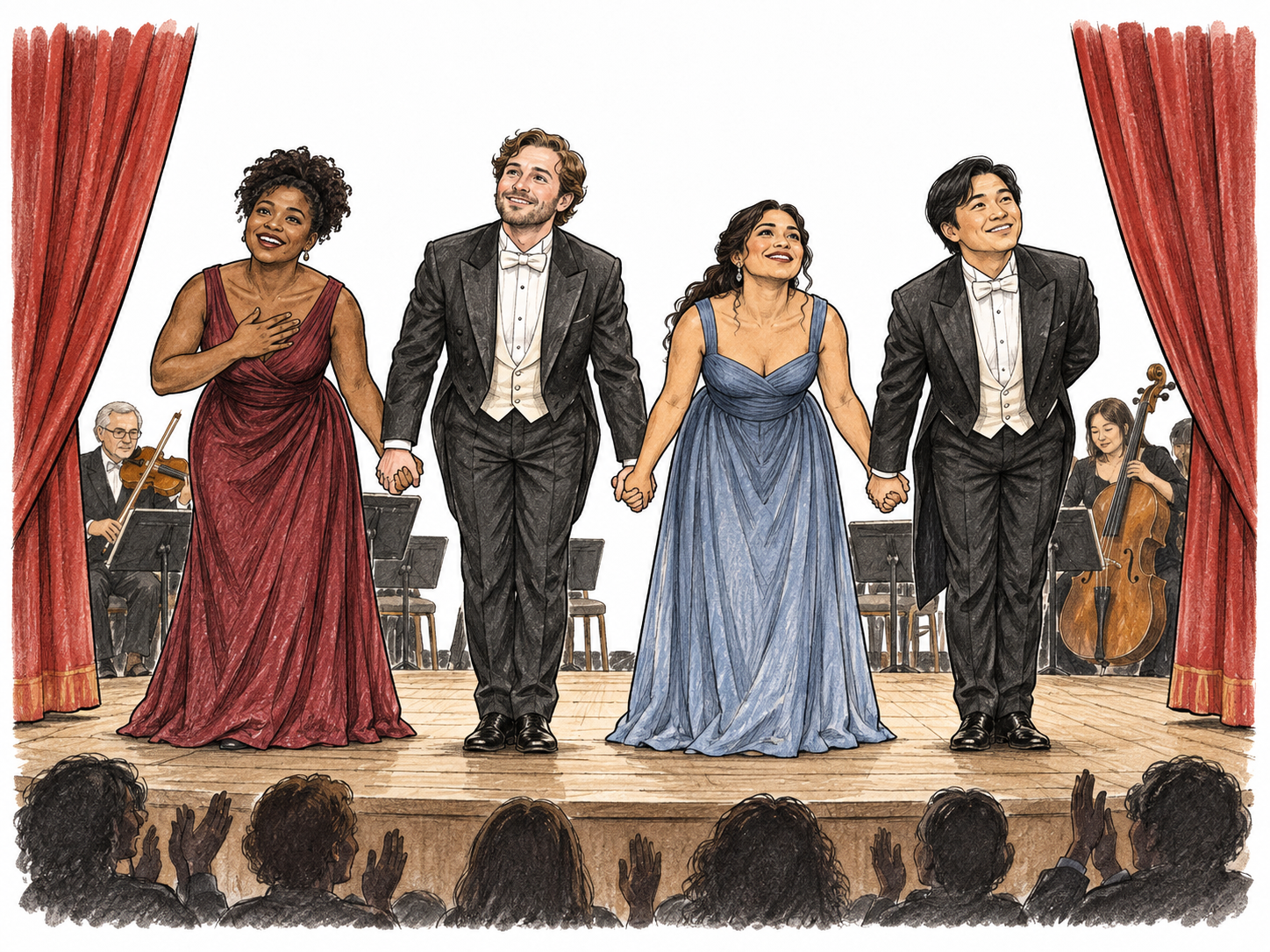 A small theater cast of diverse adults takes a final collective bow as curtains draw inward, orchestra instruments lowered.