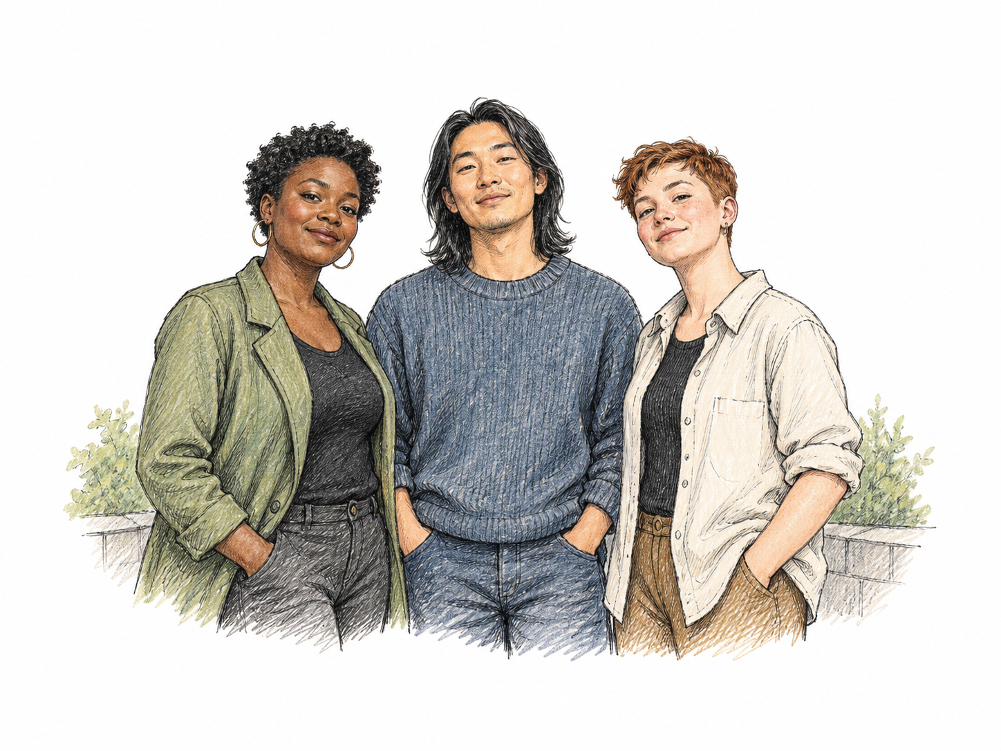 Respectful modern community portrait of three adults each choosing a personal presentation: a woman, a man and a nonbinary person standing comfortably as equals, no anatomy diagram, no binary color code, no labels.