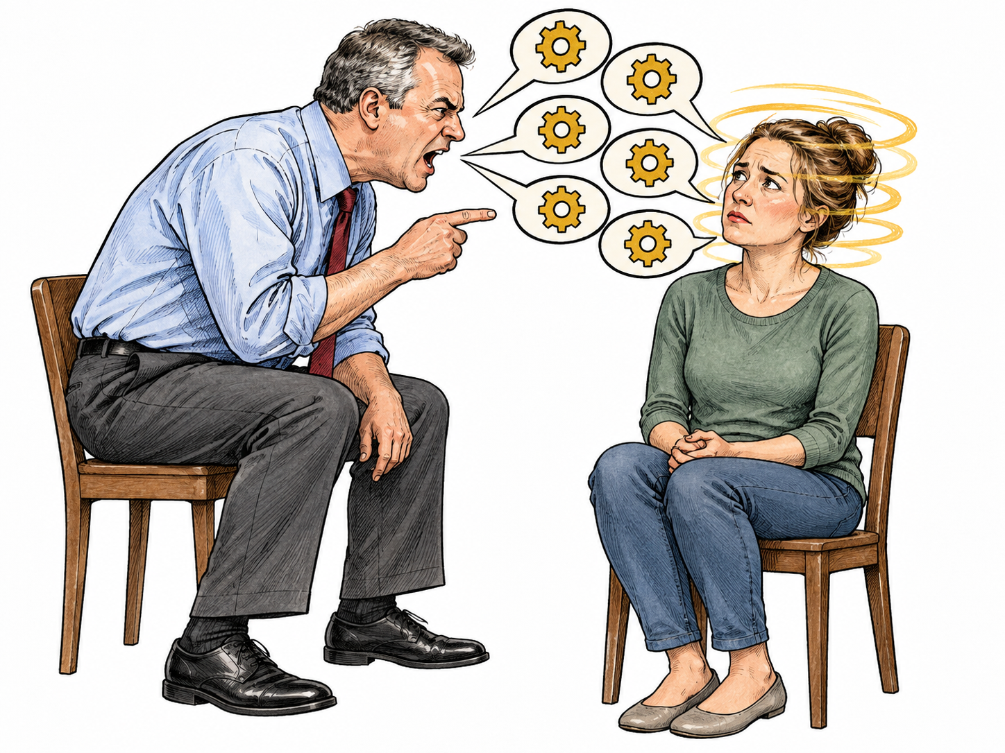 A seated adult is pressured by repeated identical spoken symbols from a domineering instructor while isolated from peers; coercive indoctrination conveyed without ethnic or religious stereotypes.