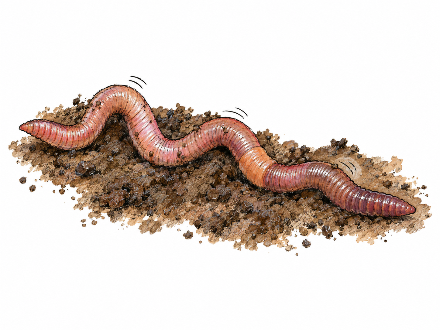 A single earthworm wriggles across a small patch of damp soil, its body forming tight alternating bends.