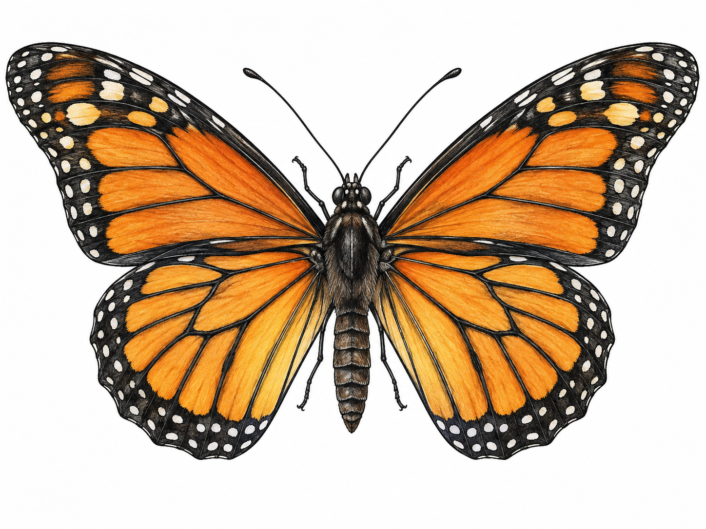 One realistic butterfly resting with fully spread matching wings, left and right pattern mirrored around central body, anatomically correct six legs and two antennae; white background.