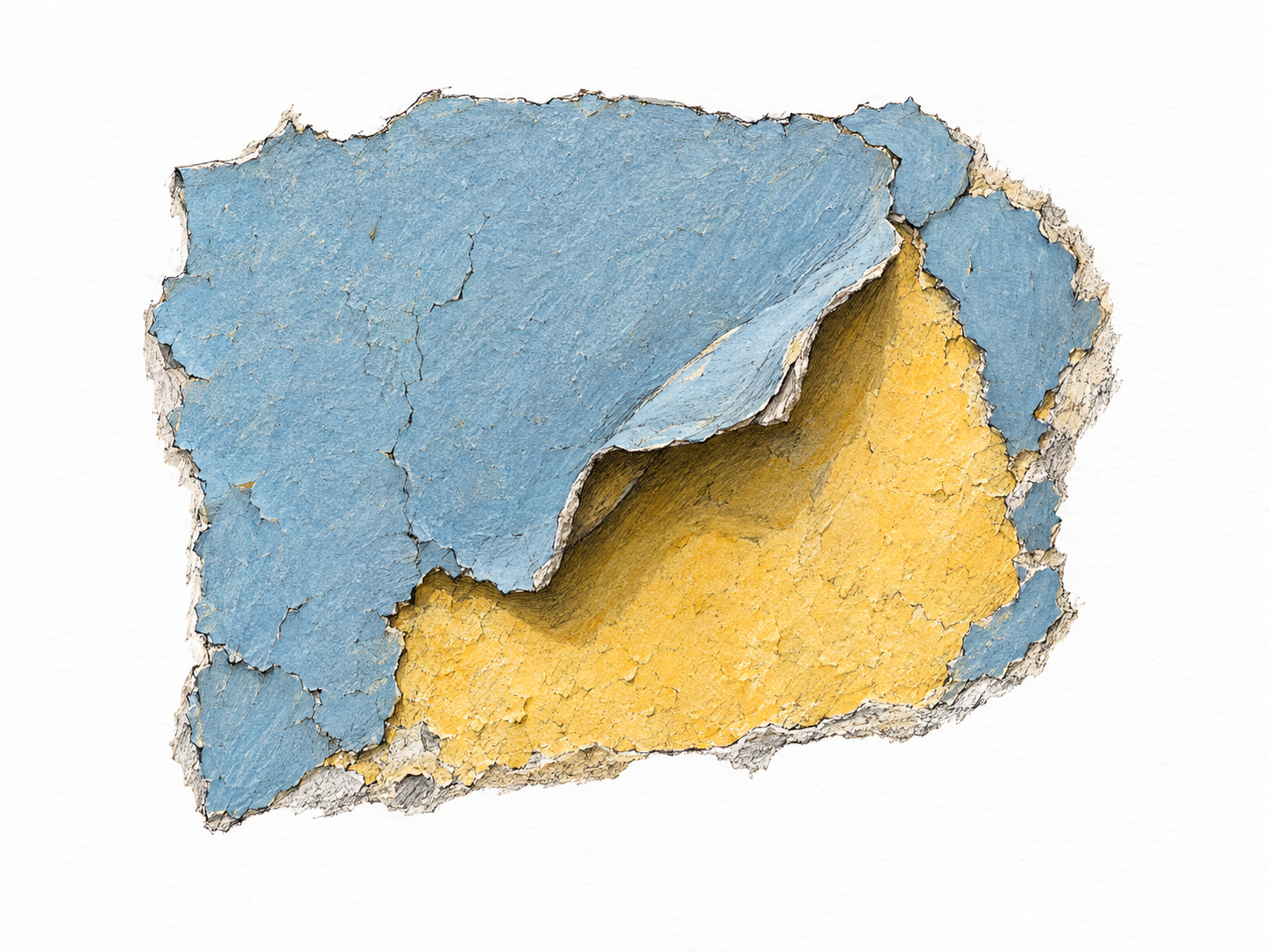 A small section of wall reveals a previous yellow coat of paint beneath a newer blue coat: one broad curled flake of blue exposes the older yellow layer underneath.