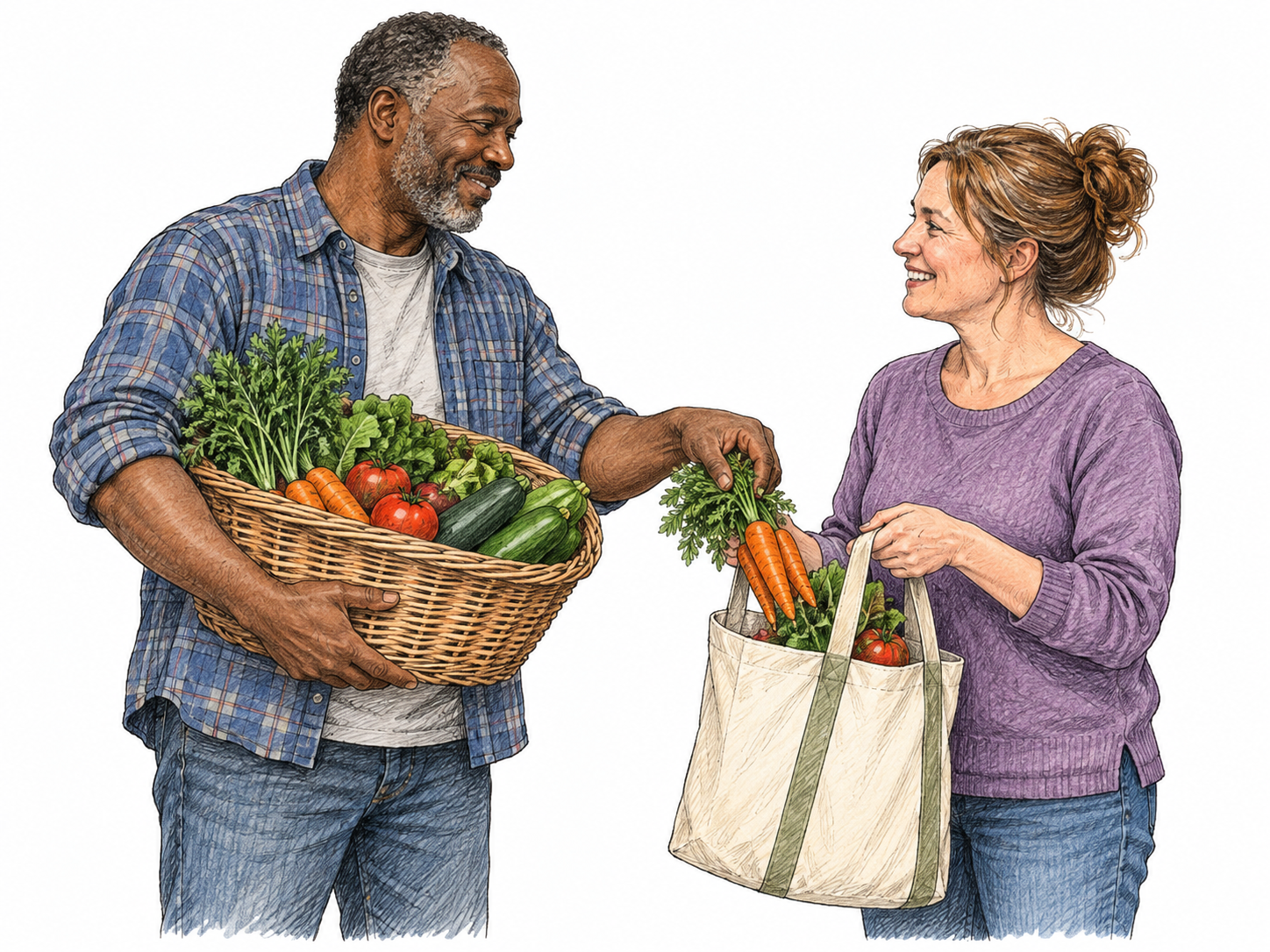 A neighbor willingly shares a basket of homegrown vegetables, placing several into another neighbor’s bag with a warm unforced smile, both standing as equals.