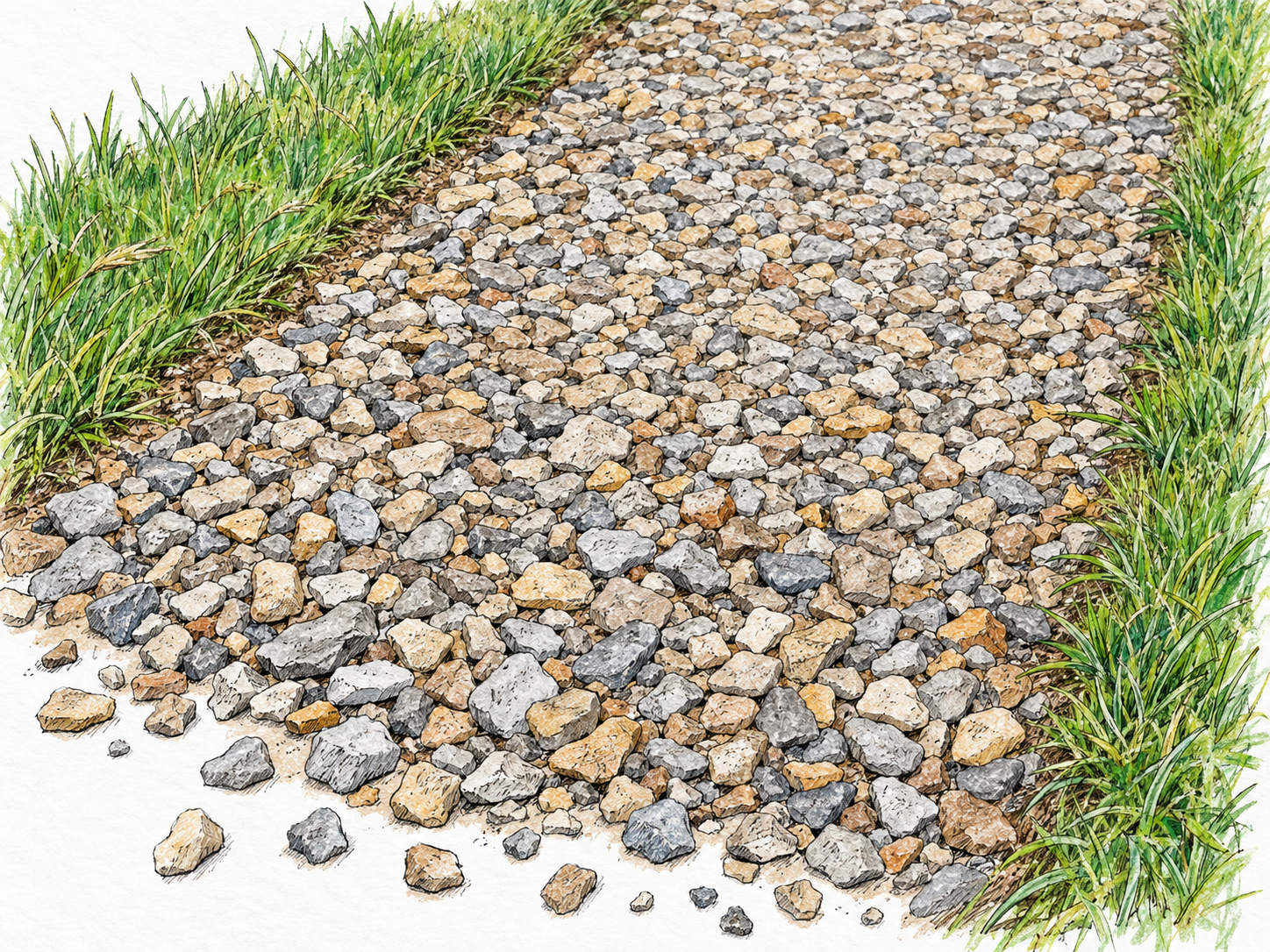 A short gravel garden path, with individually visible small loose stones spilling from its near edge into a modest foreground heap.