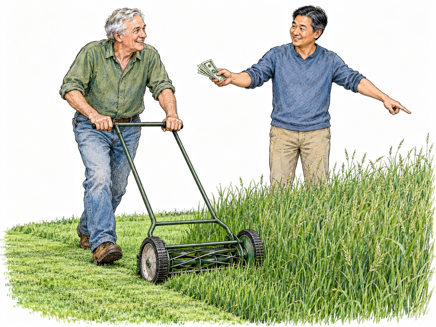 An offered cash reward motivates a man to mow an overgrown lawn: the reward, encouraging gesture, and work underway are visible together.