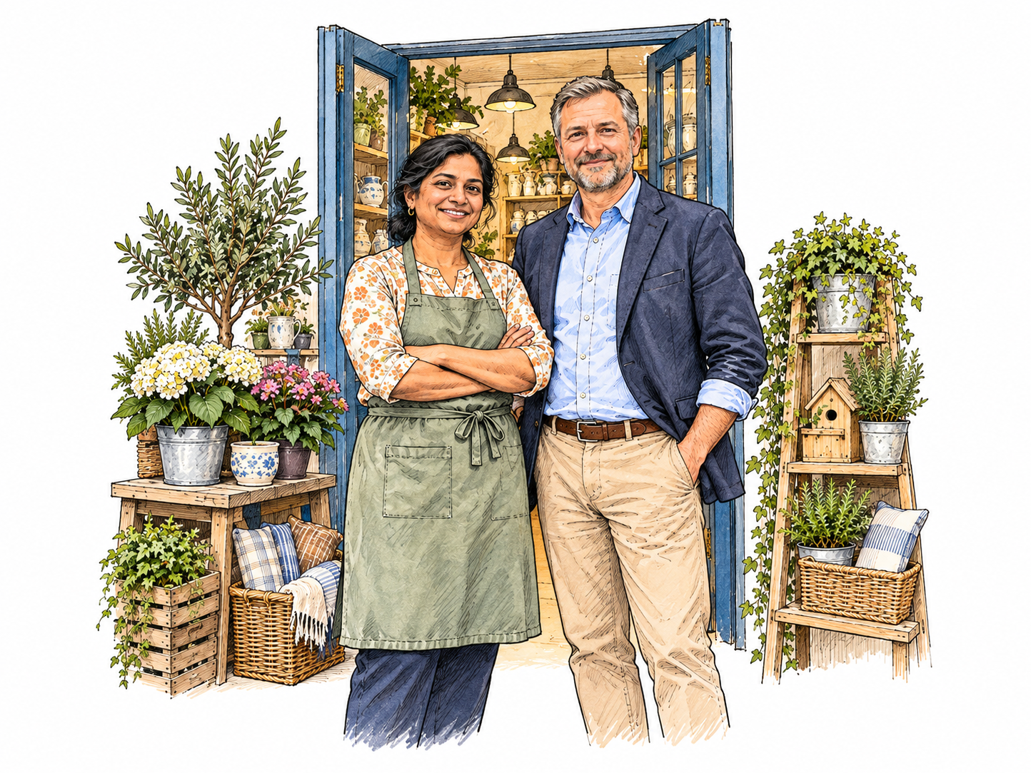 Two comfortable shop owners stand beside their small well-kept business doorway and display goods; ordinary middle-class prosperity, no caricature.
