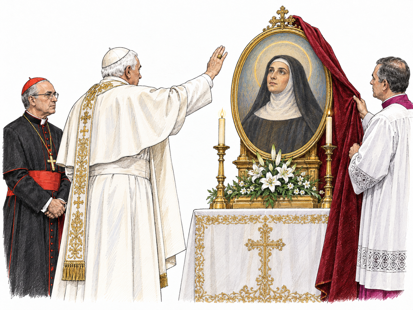 Sober canonization ceremony vignette: pope formally raises hand toward unveiling portrait of nun with simple halo above altar; two clergy witnesses.