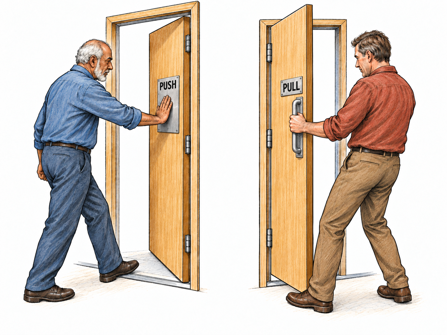 Show the meanings conveyed by two contrasting words through real door signs and the corresponding opposite actions: pushing a door away and pulling a door toward oneself.