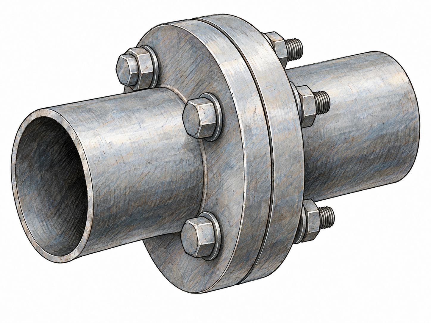Close-up of two metal pipe ends joined by broad projecting circular rims, with bolts fastening the rims together.