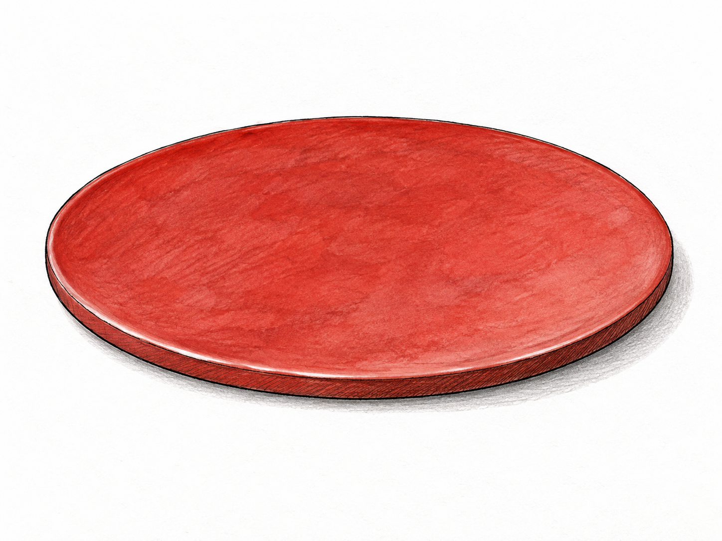 Single flat thin circular red ceramic disc on white at shallow angle showing continuous round shape and thin edge; small cast shadow only.