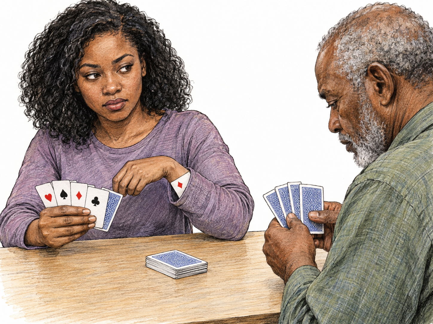 A card player secretly slips an extra playing card from her sleeve into her hand while her opponent looks at his own cards, visibly cheating rather than playing fairly.