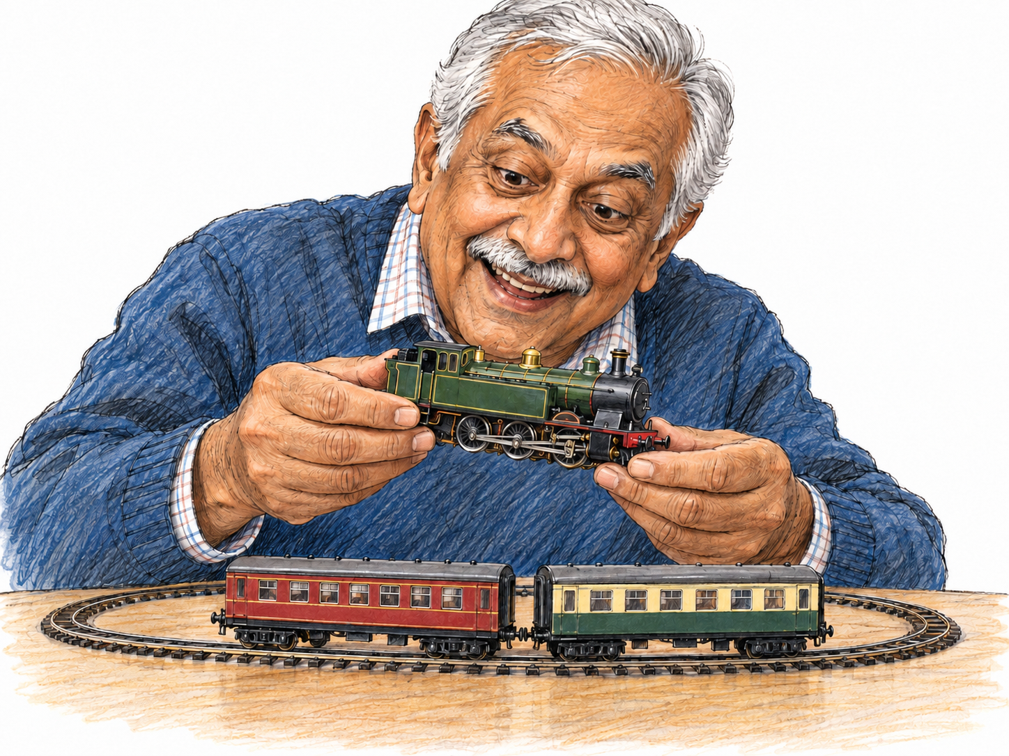 An older model-railway enthusiast beams as he leans close to his carefully built miniature railway, holding a matching locomotive and eagerly inspecting its details.