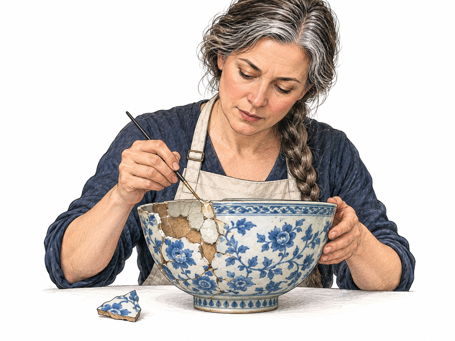 Conservator carefully restores damaged ceramic bowl, repaired section now matches original while one small broken shard waits; before/after condition visible within object, no labels.