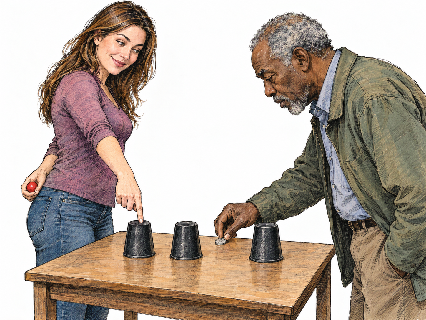 A dishonest shell-game operator lures a player into betting on a cup while secretly holding the ball behind her back.