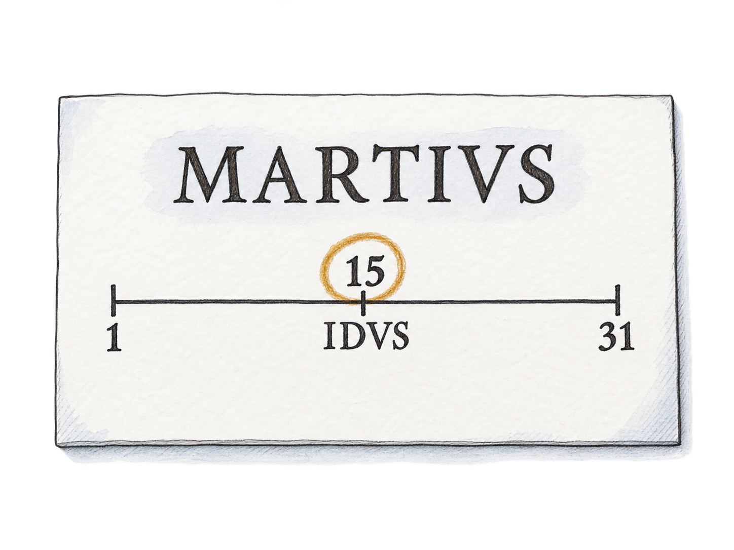 An explicitly modern educational reconstruction of an abridged Roman March calendar, with the ides marked at day 15 near the middle of a simple horizontal month strip.