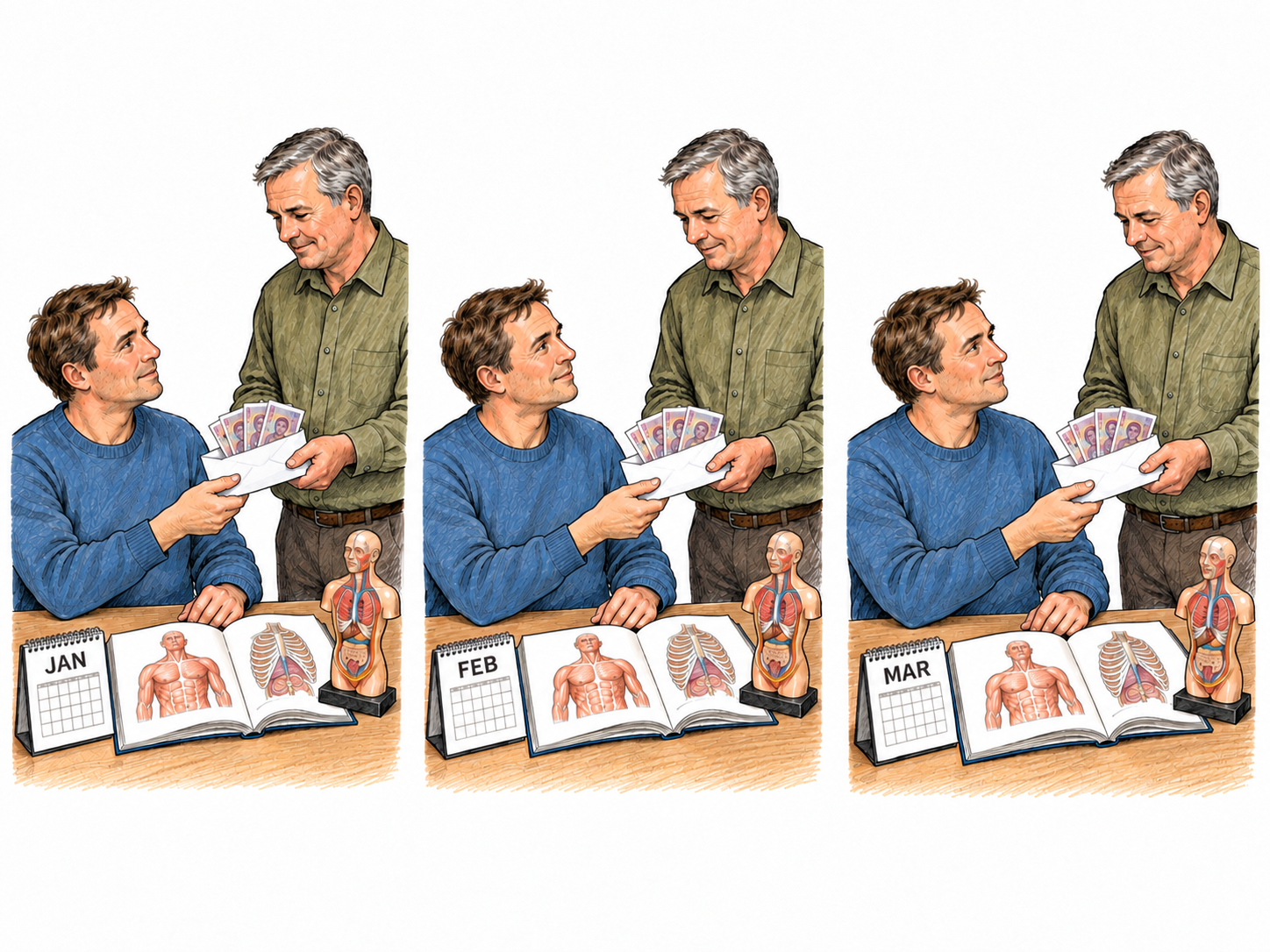 A compact three-month sequence shows the same mature student receiving an identical modest payment while continuing his studies, making both regular recurrence and fixed amount visible.