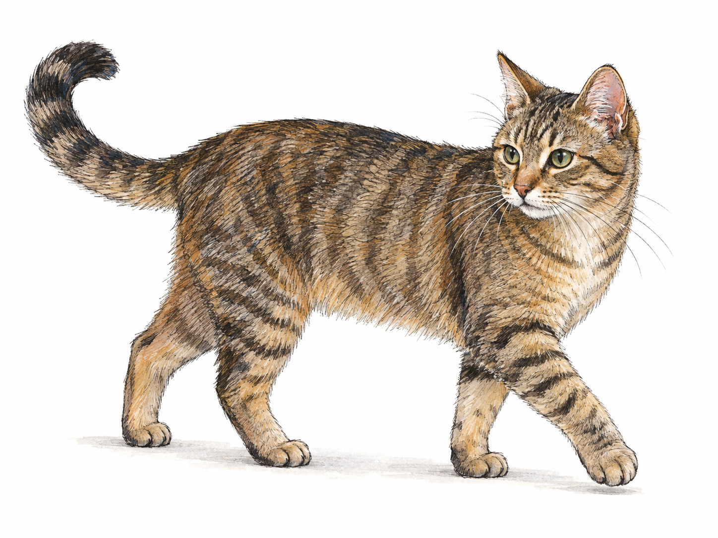 A domestic cat walking in a graceful side view, with one front paw lifted, clearly showing feline ears, whiskers, flexible posture, and a curved tail.