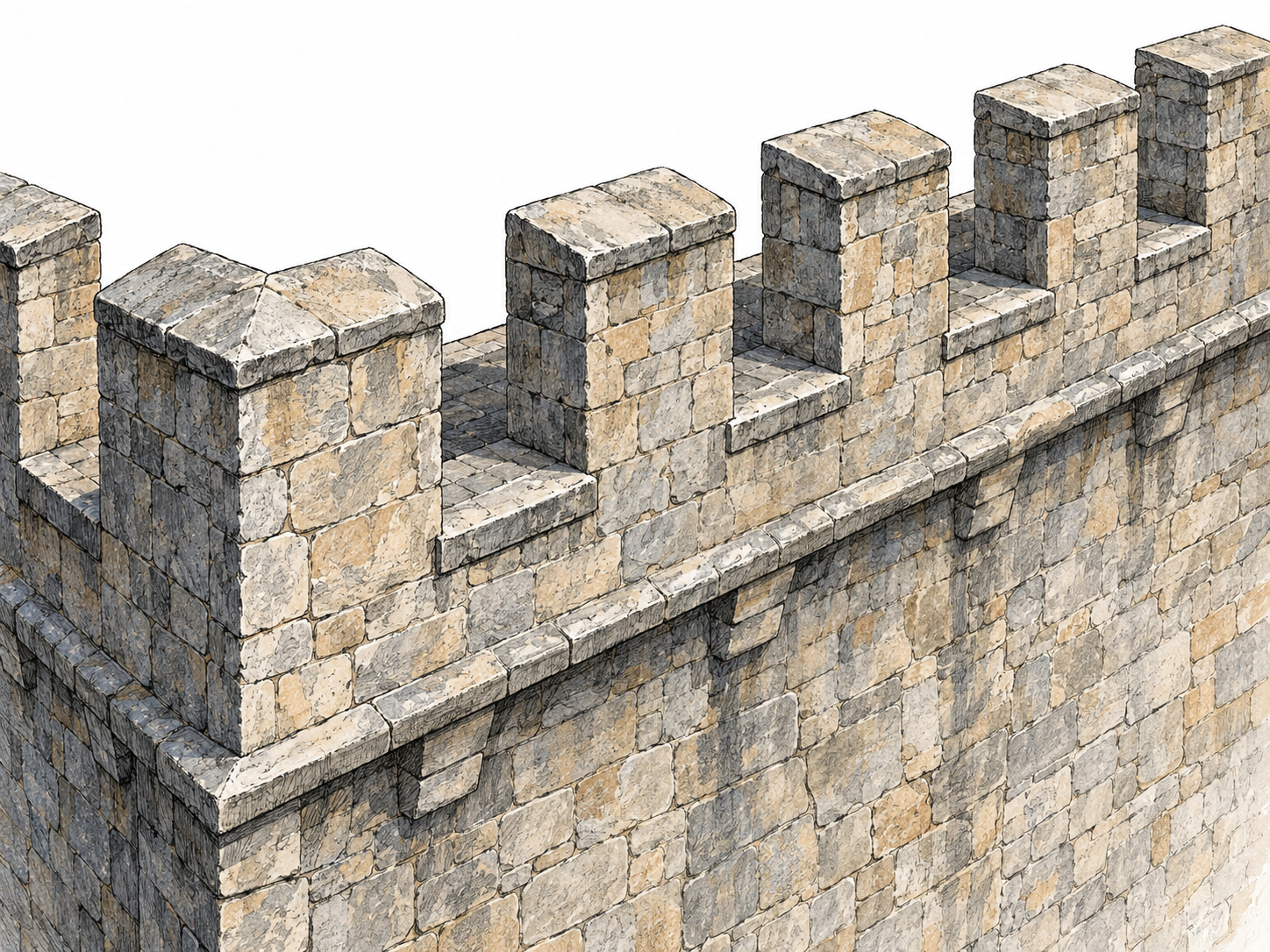 A close three-quarter view of a medieval stone castle's upper defensive wall, prominently showing alternating solid parapet blocks and open rectangular notches above a narrow wall walk.