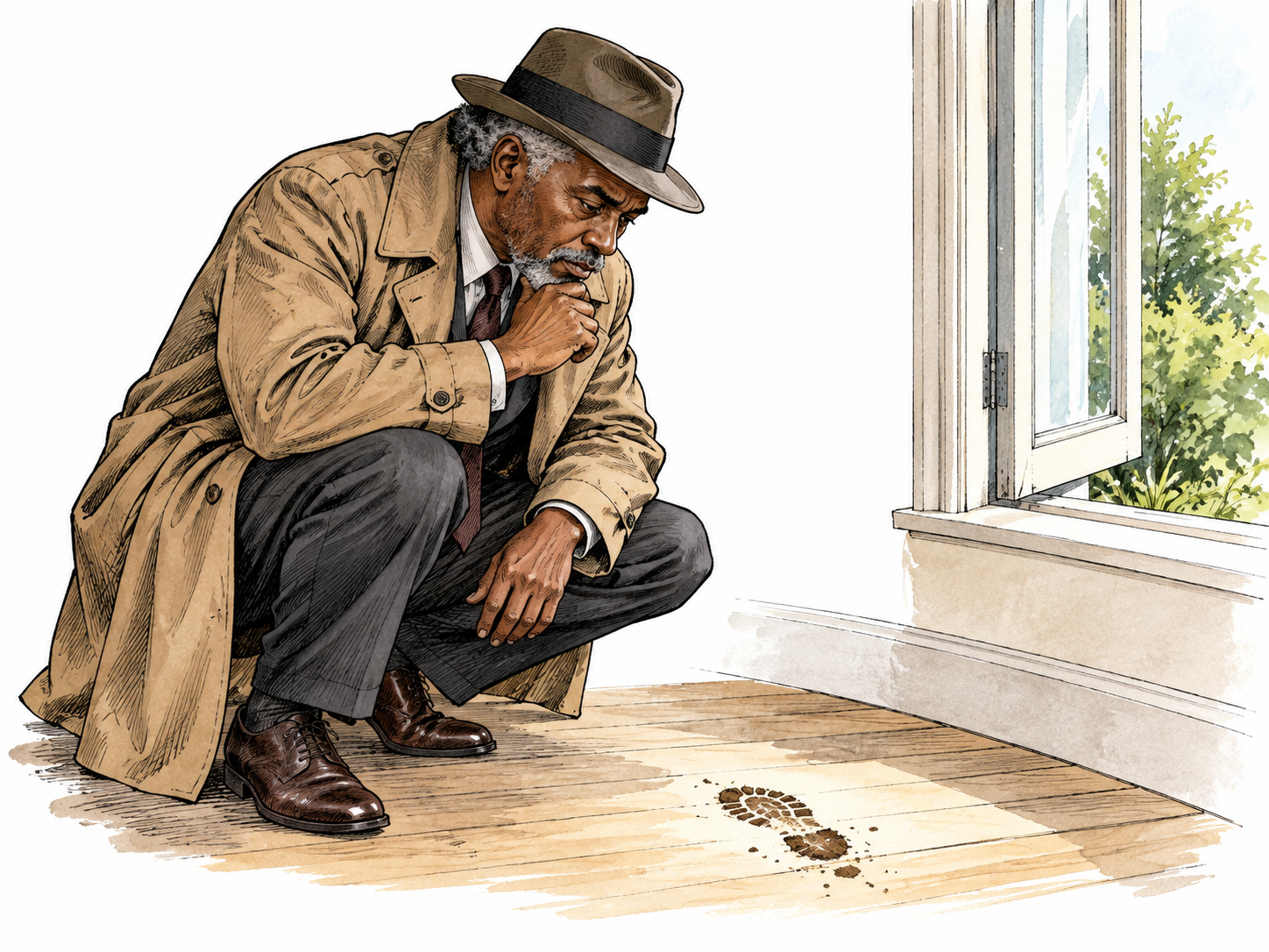 An older Black detective calmly notices a tiny muddy footprint overlooked beside an open window.