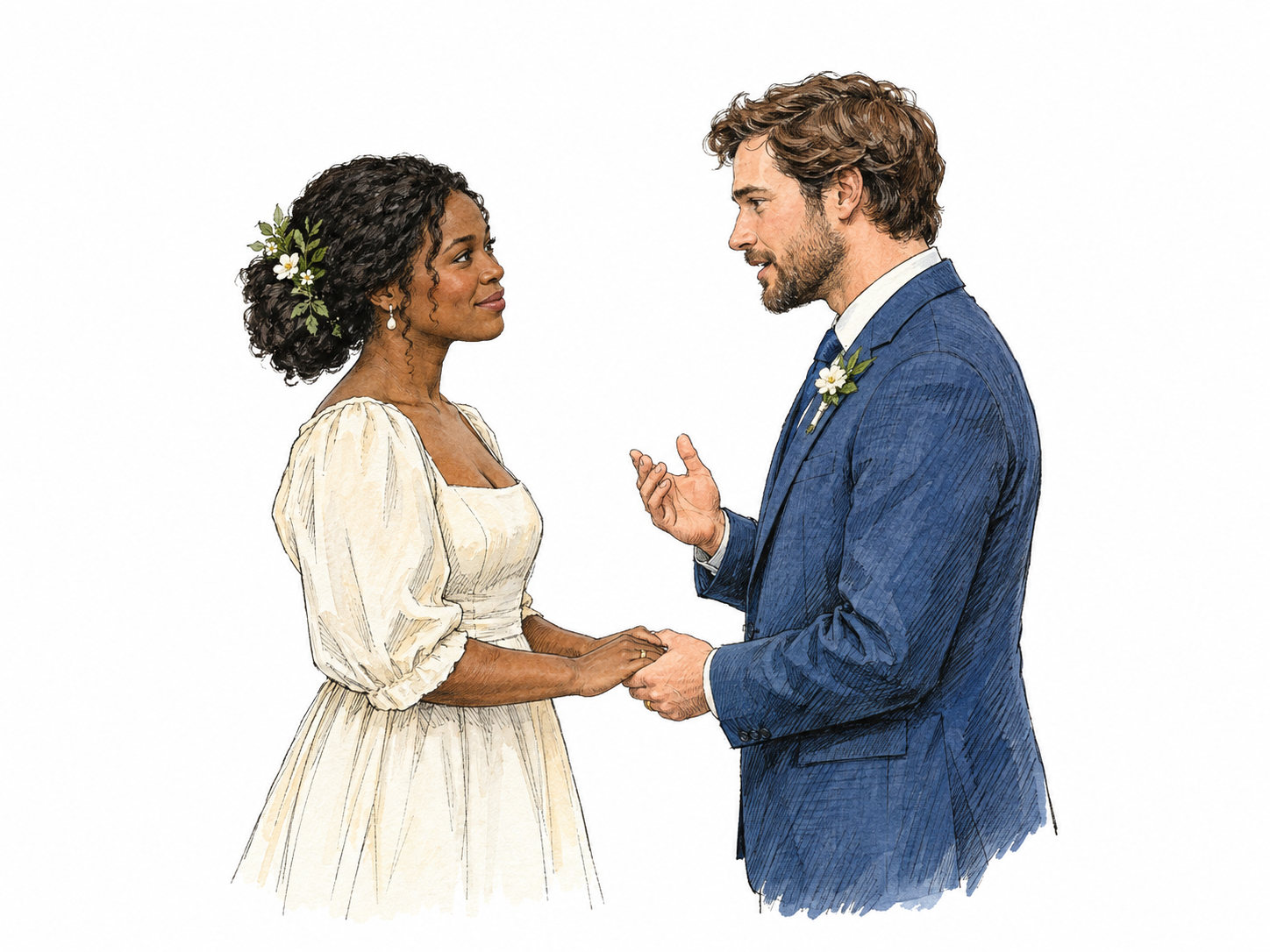 Two adult partners face each other at a small wedding ceremony, hands gently joined as one solemnly speaks a promise; plain rings, no written vows, decorative lettering or audience.