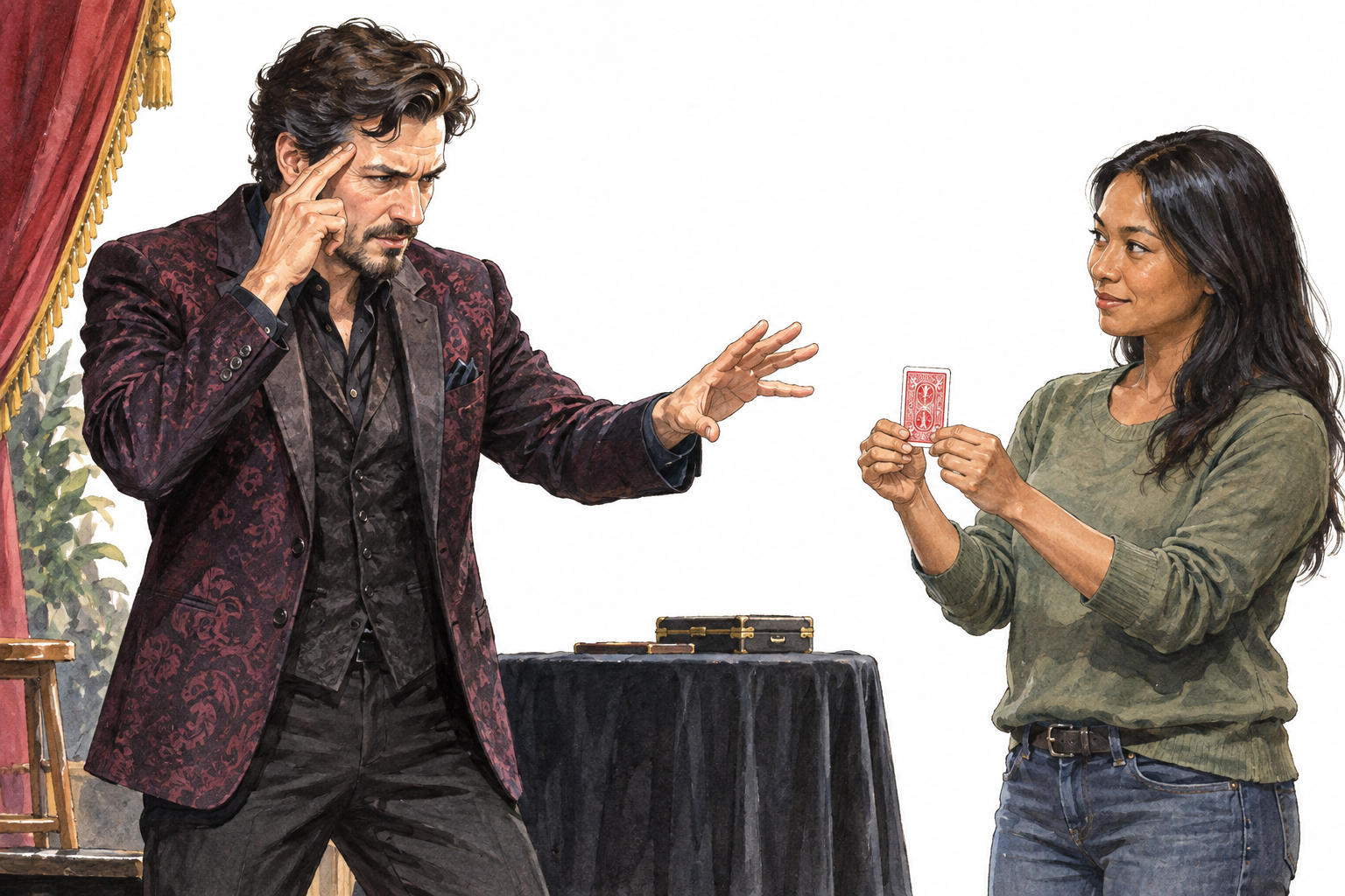 Stage performer attempts to guess a hidden card while another adult holds it concealed; presented as supposed psychic ability, no literal magic.