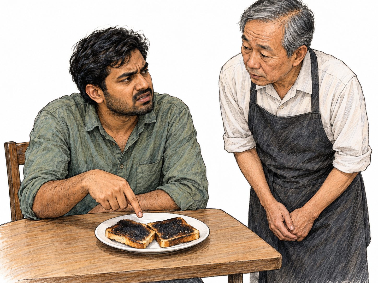 A diner grouses to a waiter about badly burned toast: he stays slouched in his chair, speaking through a small, downturned mouth while pointing grudgingly at the blackened slices.