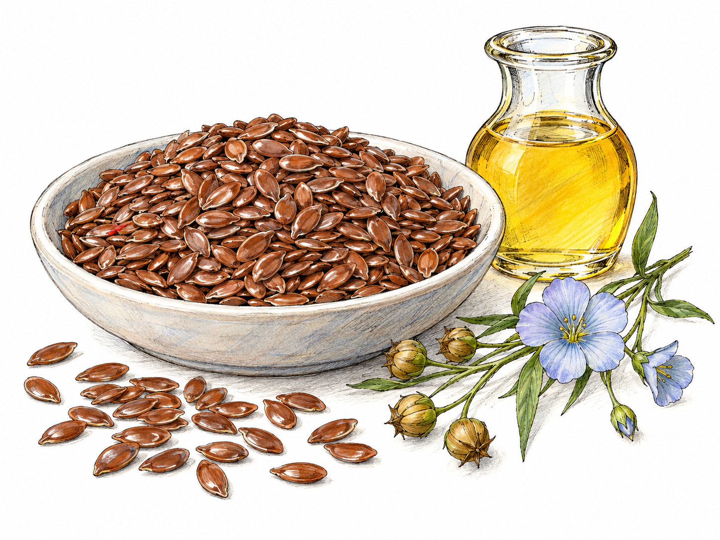 A close still life of glossy brown flax seeds in a shallow dish, with a few scattered seeds, a small clear vessel of golden flaxseed oil, and a flax sprig bearing pale blue flowers and round seed capsules to identify the plant.
