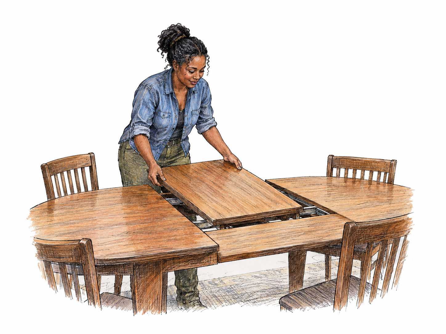 An extra wooden leaf is inserted into the center of an extended dining table, completing a larger usable surface, two hands guide the additional panel into its gap.