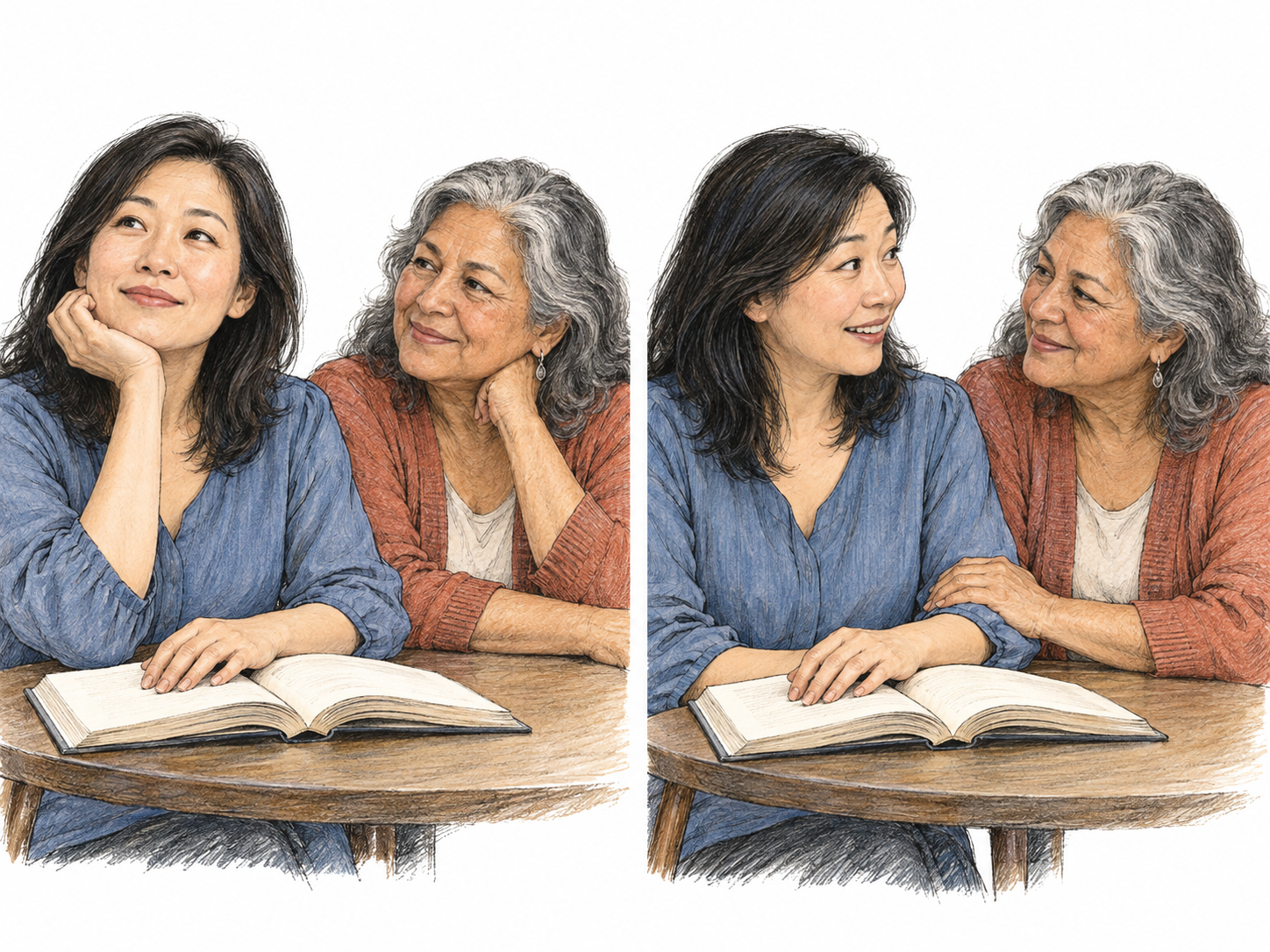 A compact two-moment sequence shows a reader pleasantly lost in thought, then gently returning her attention to her companion.