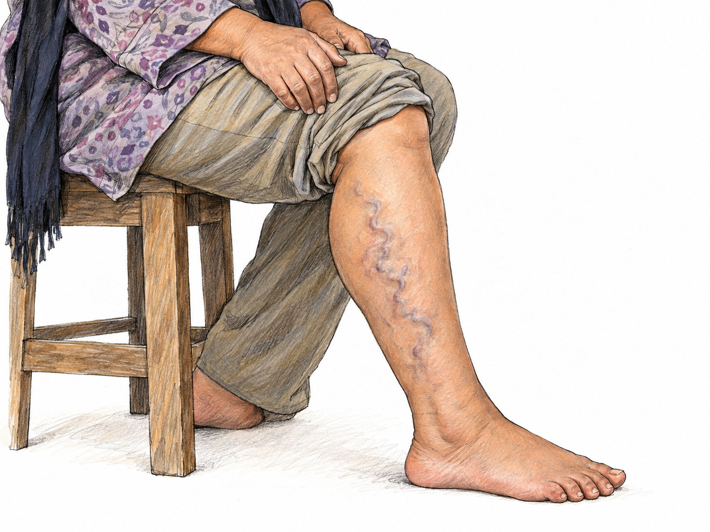 A close view of a seated woman's bare lower leg, showing visibly raised, swollen, winding superficial veins along the calf.