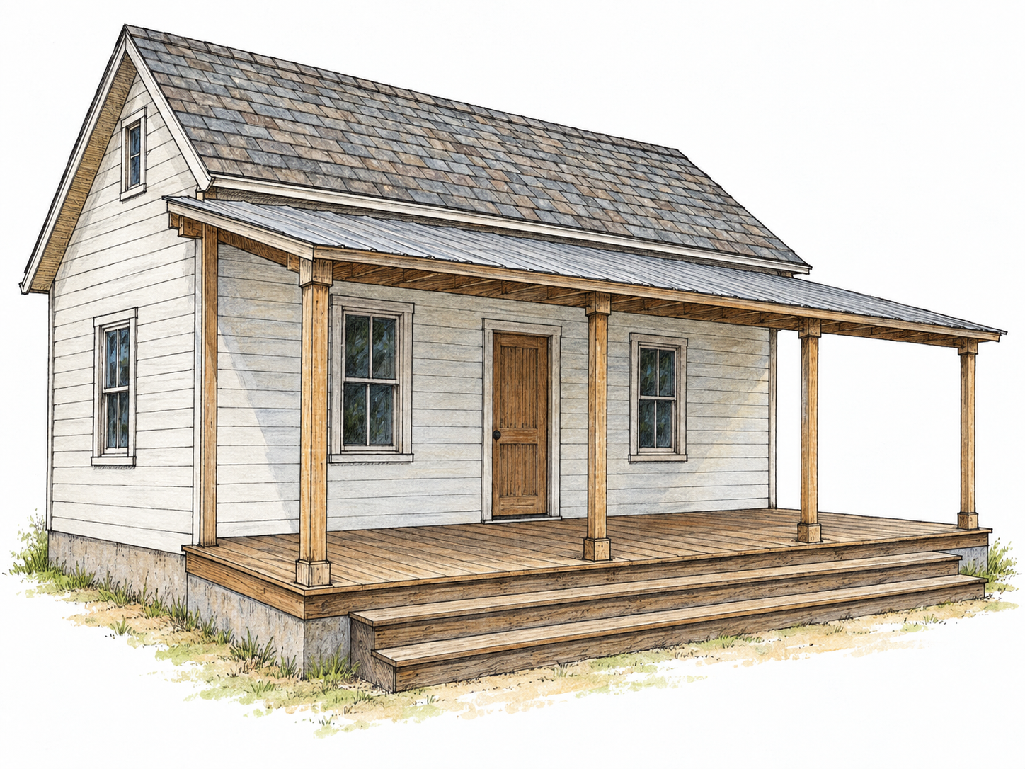 A three-quarter view of a simple house with a long, roofed, open-sided porch running along its exterior wall.