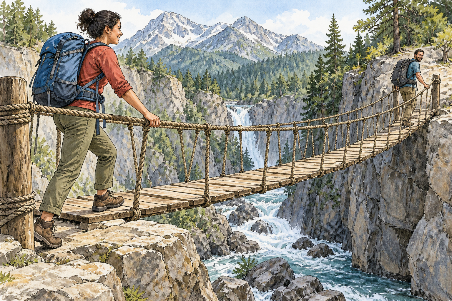 A person confidently steps onto a sturdy rope footbridge after seeing a trusted companion safely cross, their assured expression illustrates belief in its safety.