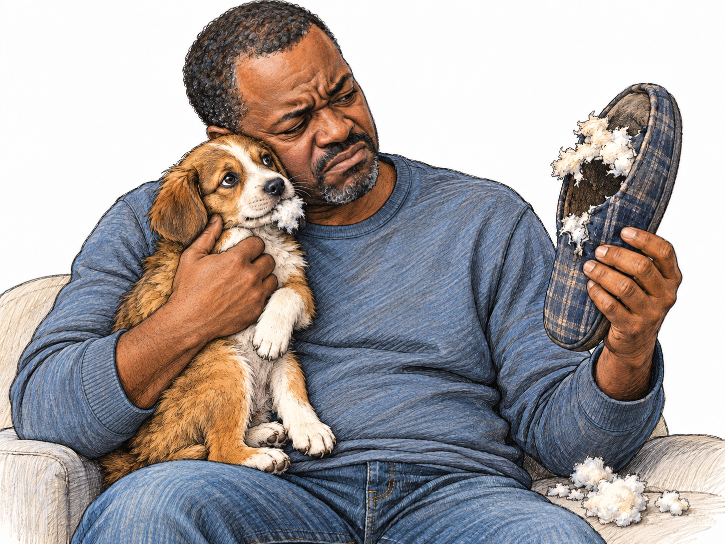 A man tenderly presses his cheek against his puppy while examining a slipper it has shredded.