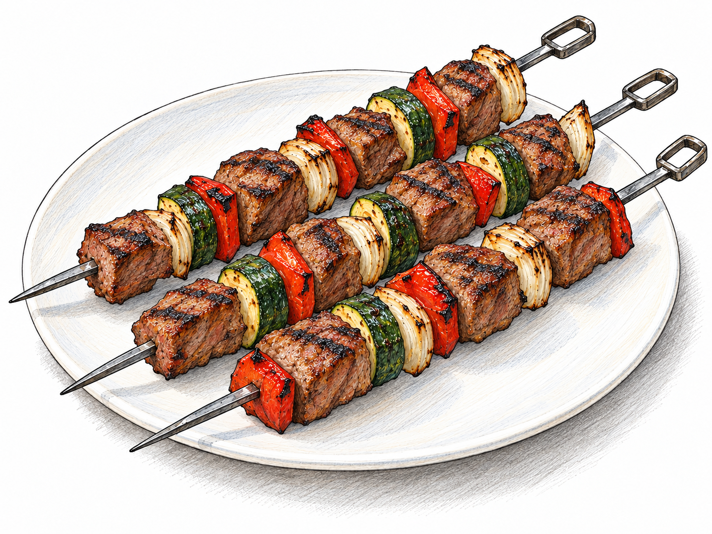 A close view of grilled meat and vegetable chunks threaded onto metal skewers resting across a plain plate, with exposed skewer tips and browned surfaces clearly visible.