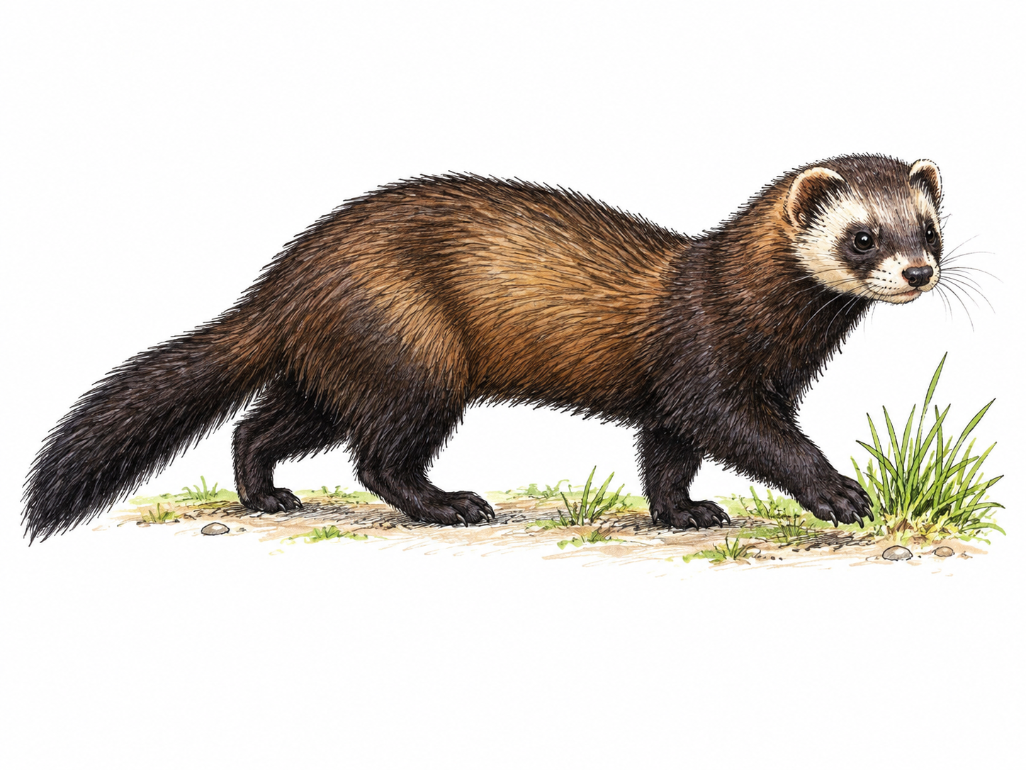 An accurate European polecat with long low weasel-like body, dark brown coat and pale facial mask walks beside a small grass tuft; no skunk stripes, cat anatomy or drawn odor symbols.