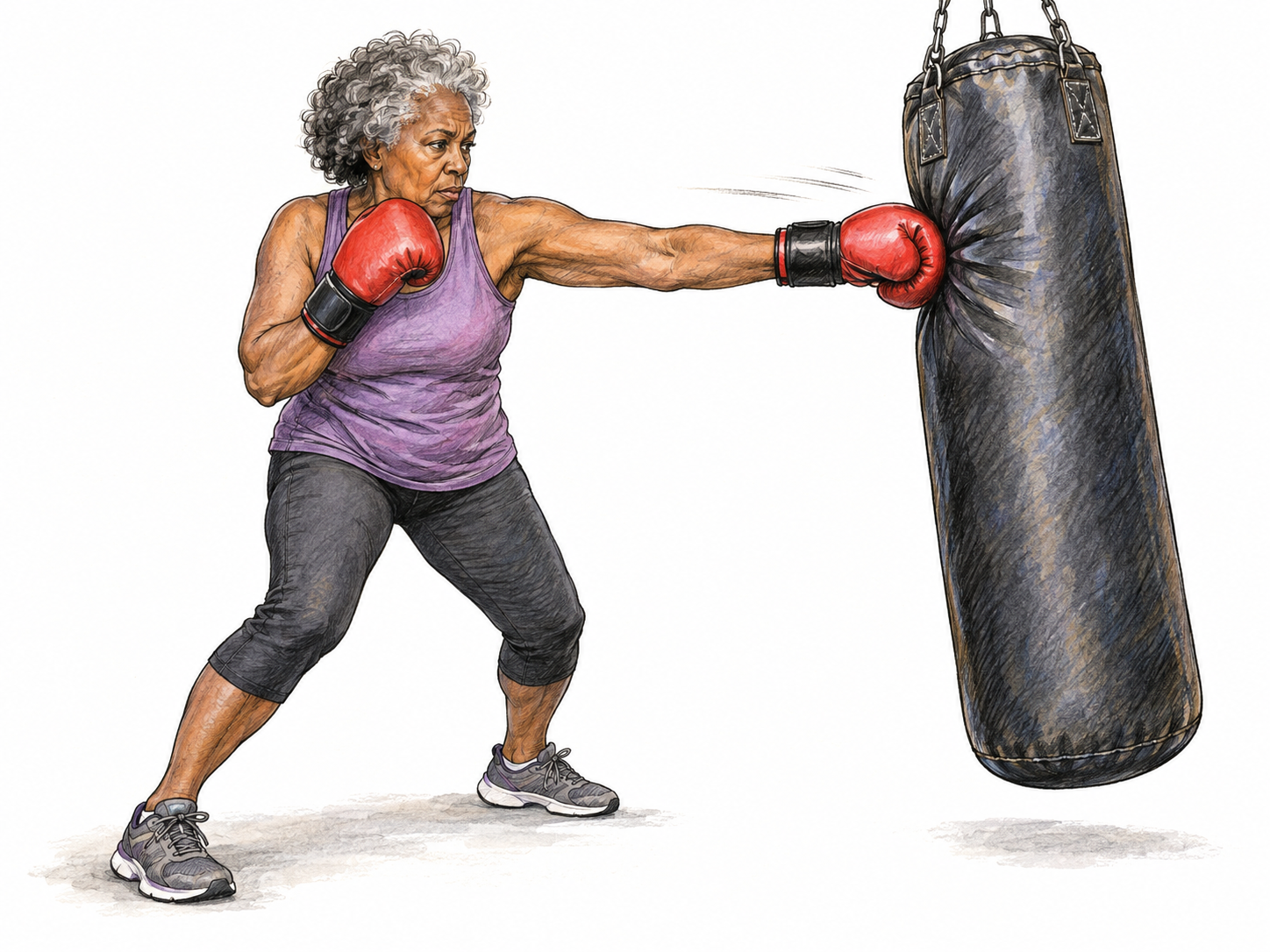 An older woman lands a quick, compact jab on a suspended punching bag.