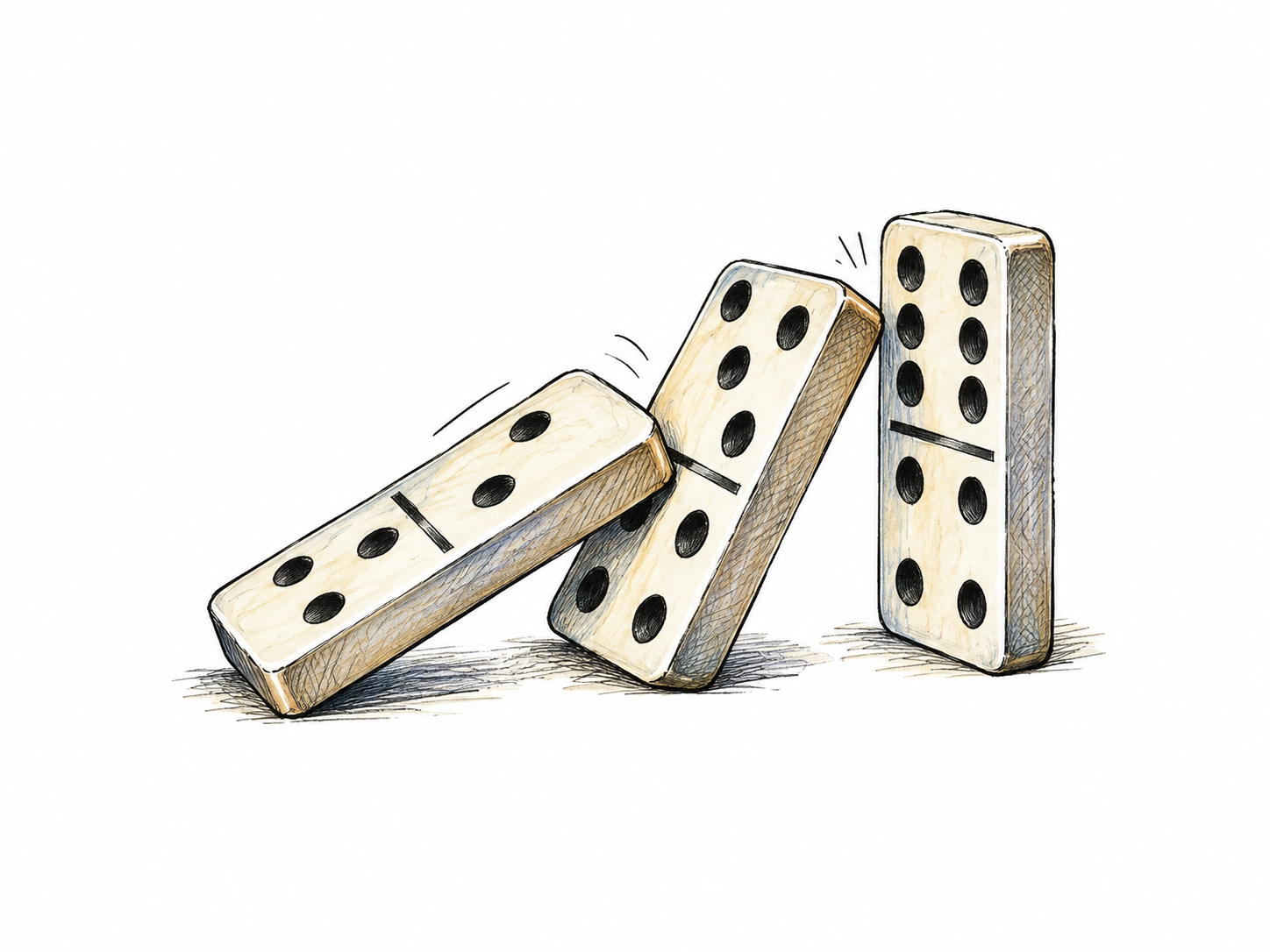 Three dominoes in sequence: first already fallen pushes second, which inevitably contacts third; clear consequence chain with only small motion strokes.