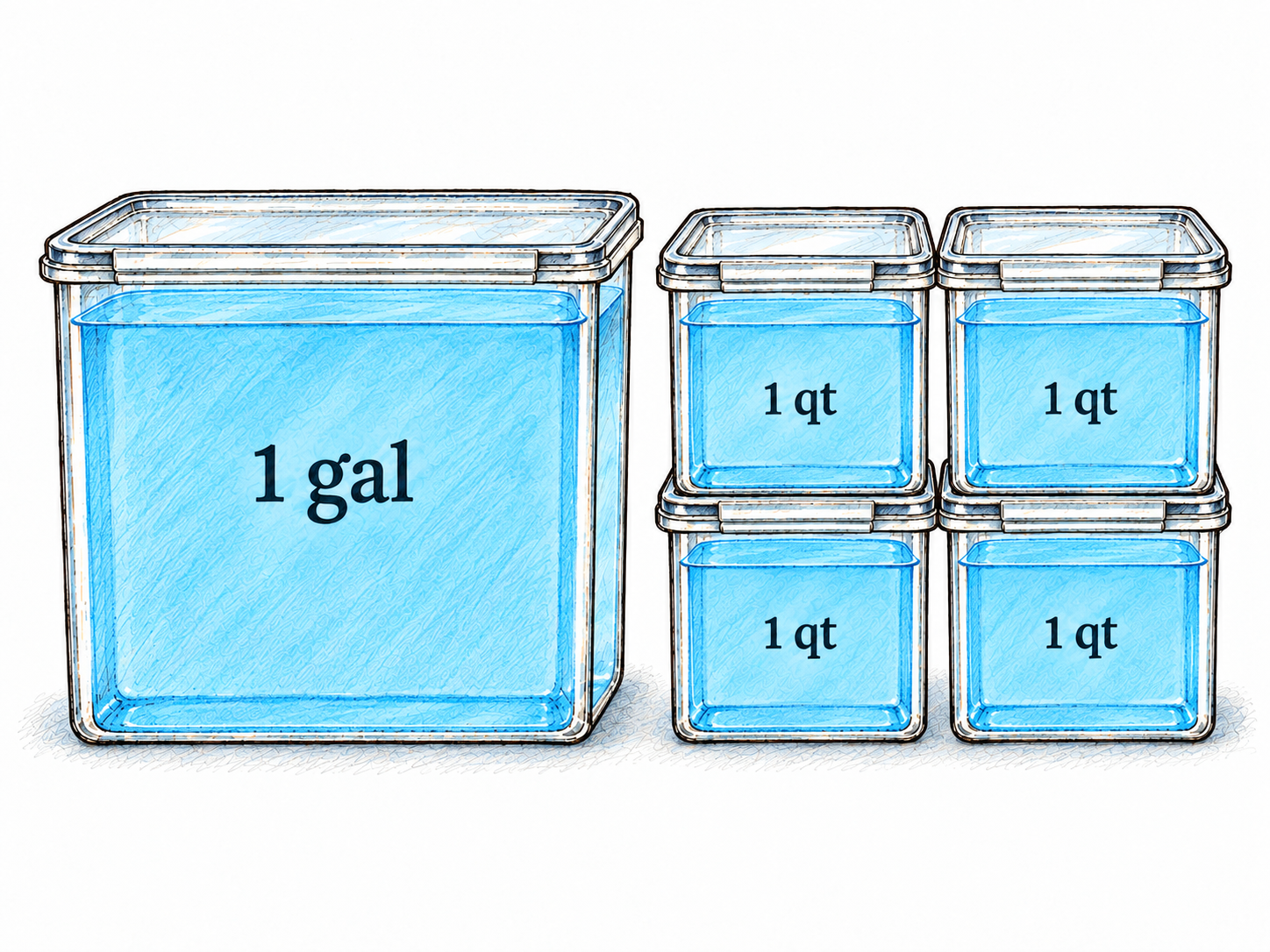 A physical capacity comparison: one transparent gallon container beside four transparent quart containers arranged two by two, with matching combined liquid dimensions.