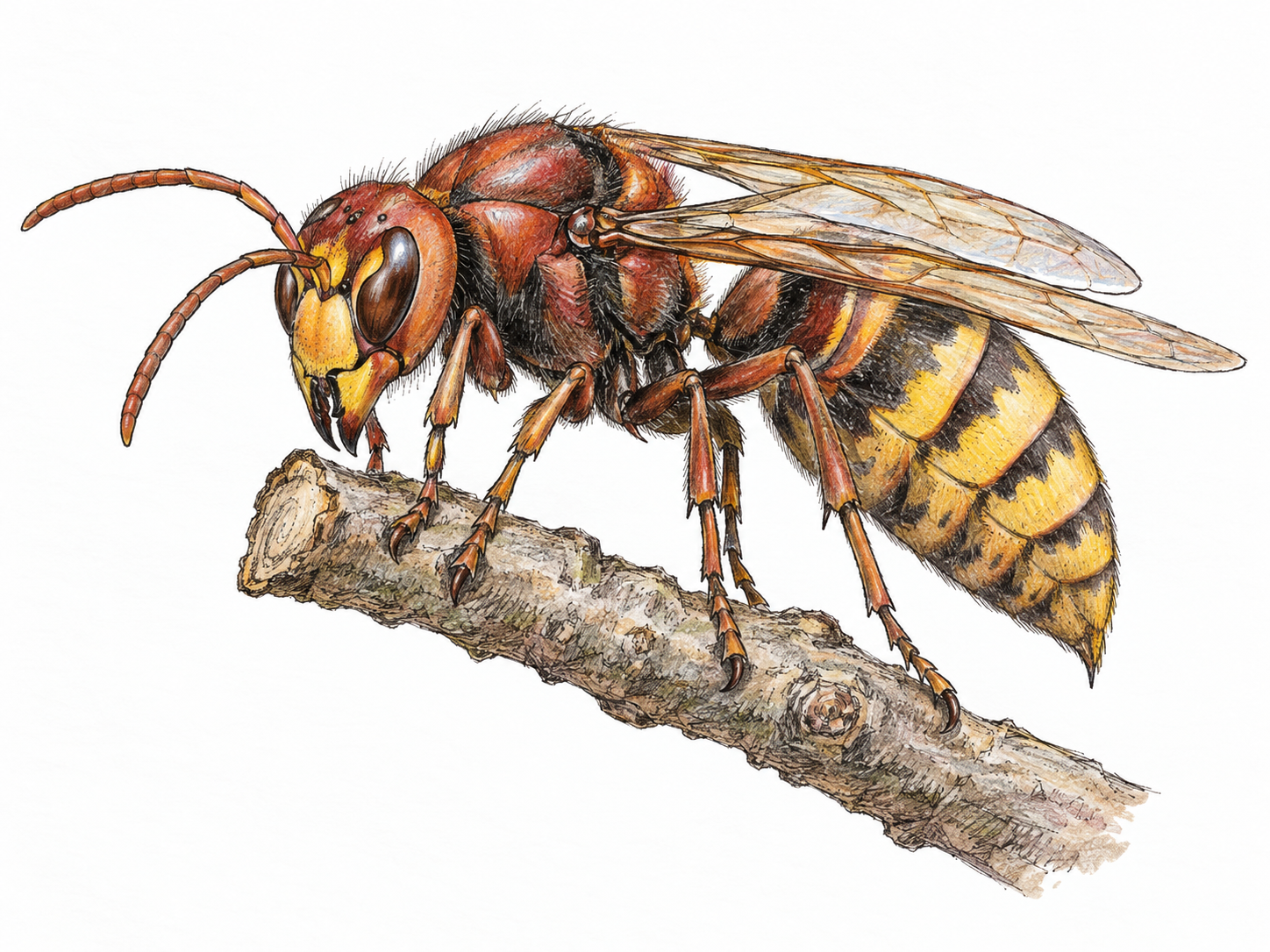 A single large hornet perched on a short bare twig, shown in a clear three-quarter side view with its robust body, narrow waist, banded abdomen, folded wings and six legs visible.