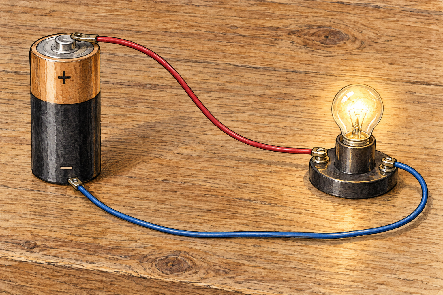 A battery wires switch and glowing bulb form a clearly closed complete electrical loop on plain table, accurate connections, no labels.