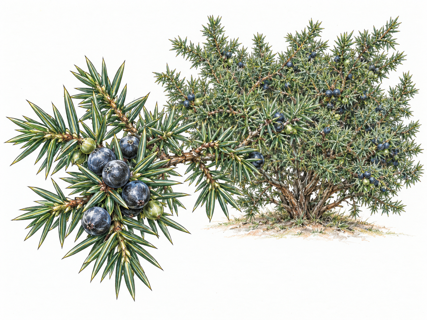 A common juniper shrub with an attached foreground branch clearly showing sharp needlelike leaves and waxy blue-black berry-like cones.