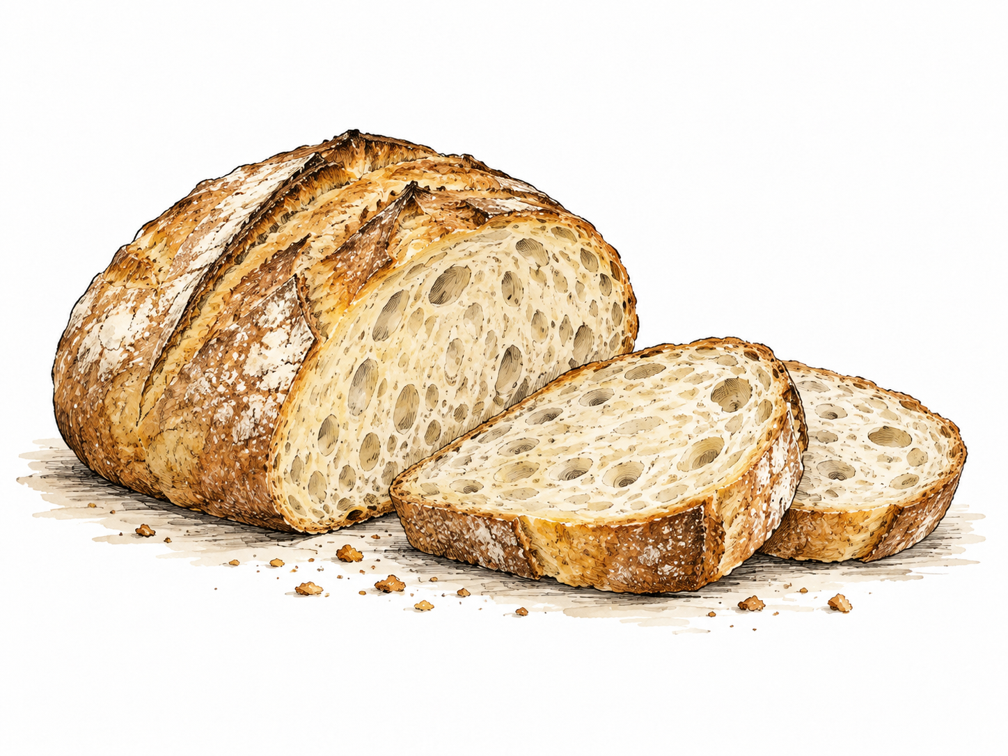 A golden crusty yeast bread loaf with slices showing airy crumb.