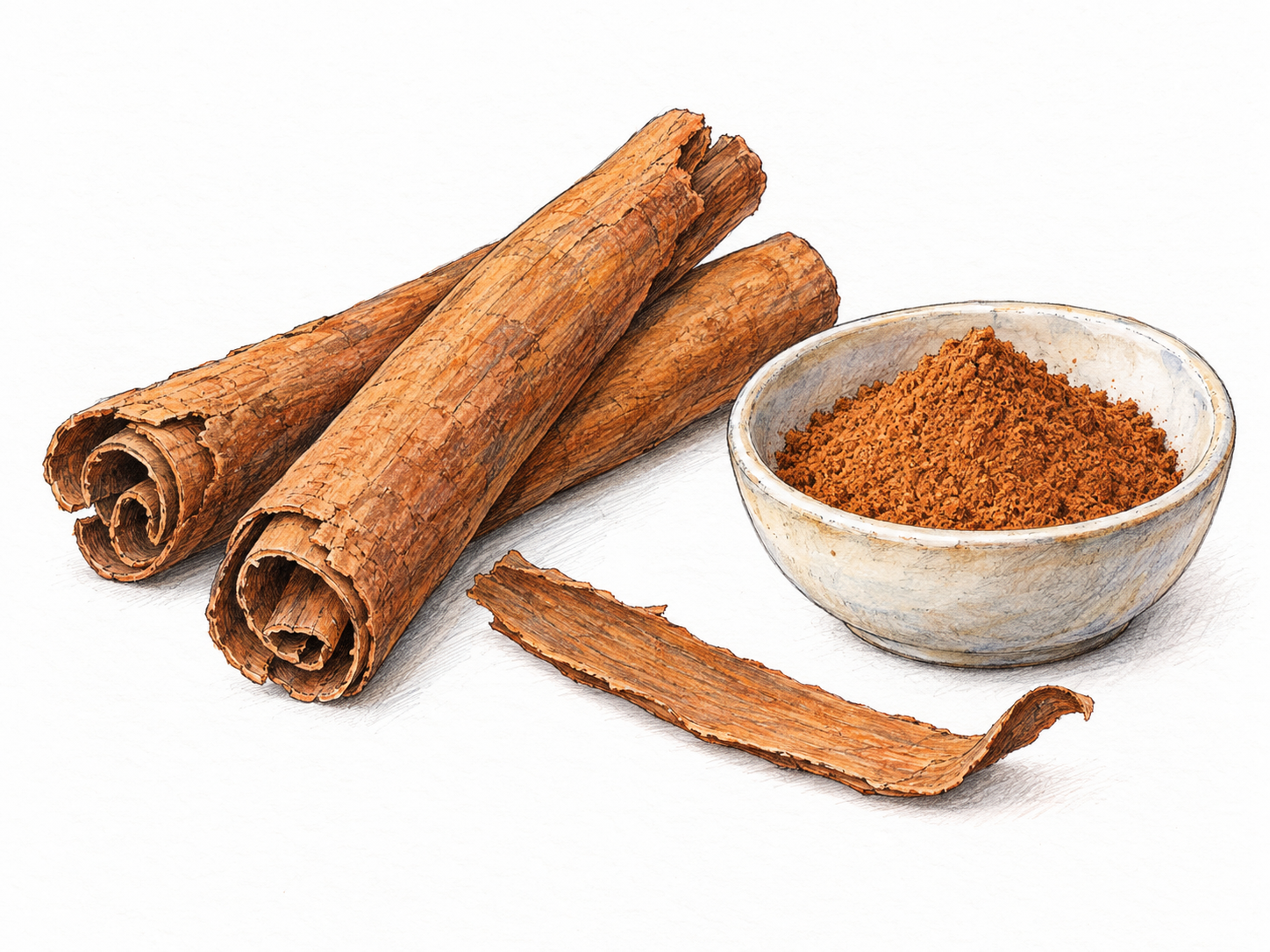 A simple still life of cinnamon bark quills beside a small plain dish of ground cinnamon, with a loose bark strip making the spice’s tree-bark origin clear.