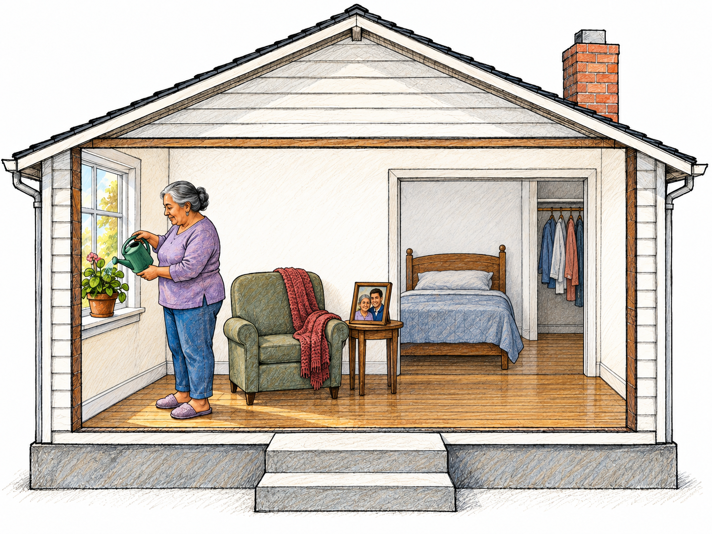 A cutaway view of a small, lived-in house shows an older woman comfortably tending her windowsill plants.