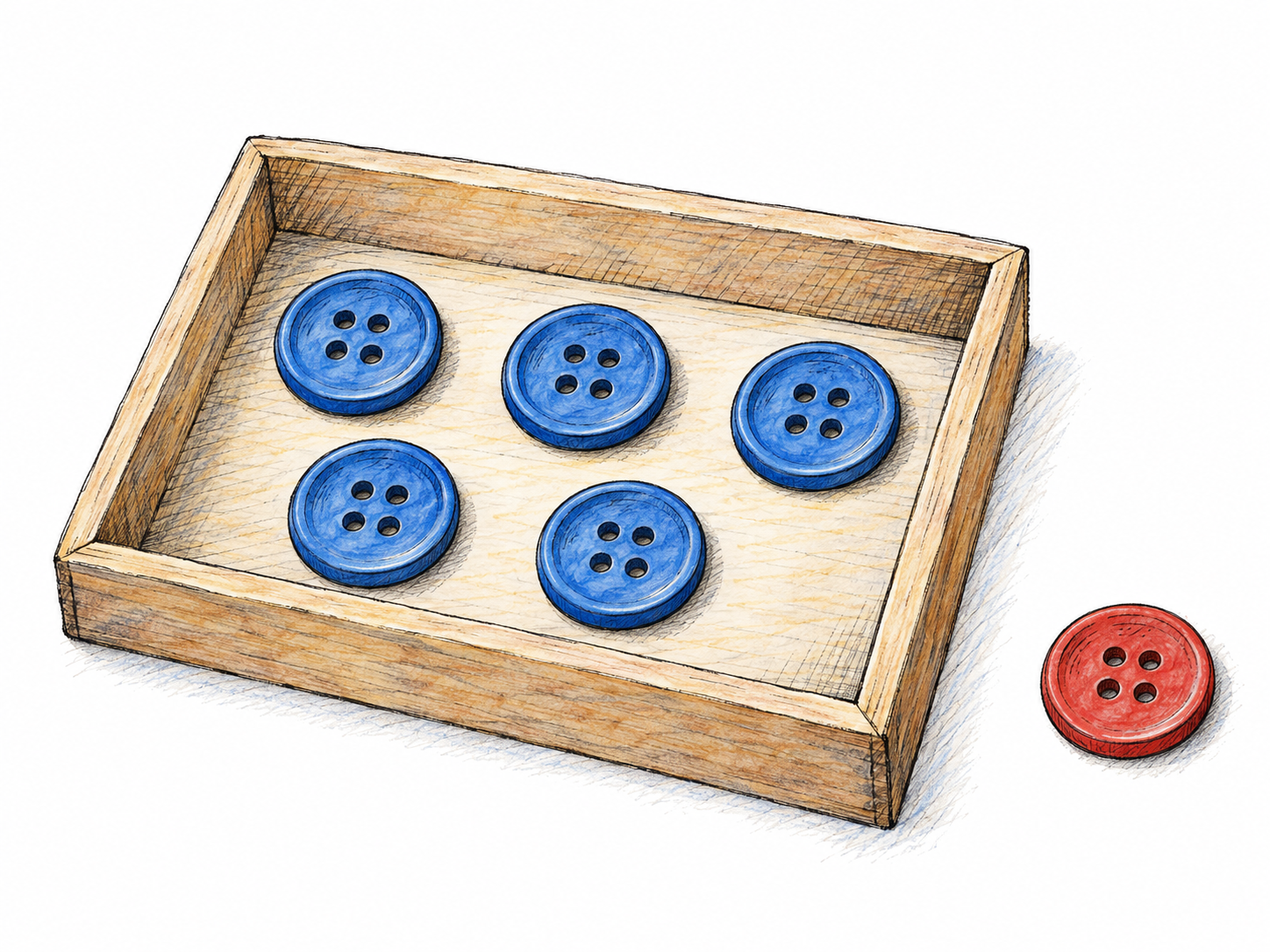 A shallow sorting tray contains five blue buttons, while one red button is deliberately left outside beside it: all the buttons are included except the red one.